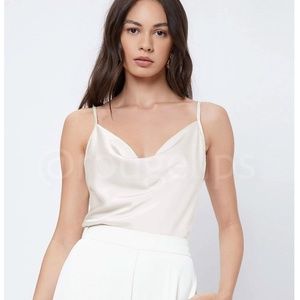 White Glamorous Cowl Neck Spaghetti Straps Camisole Top Cami, Draped